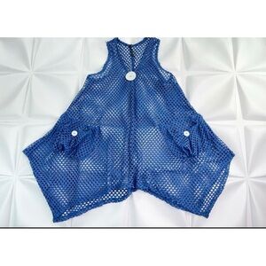 IC by Connie K Women Sz L Blue Mesh Sheer Tunic Top Vest Asymmetrical Lagenlook